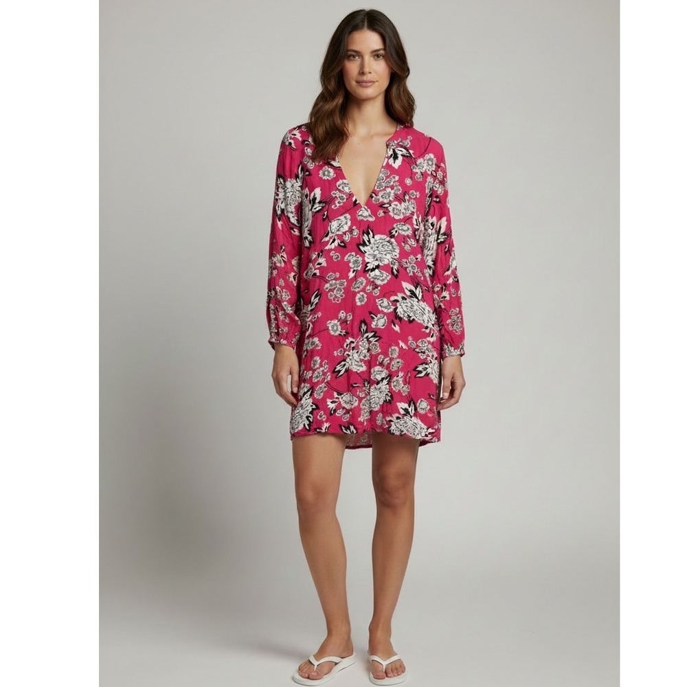 Maaji Pink Floral V-Neck Mini Dress LS Smocked Cuff Rayon OP M Boho Resortwear
